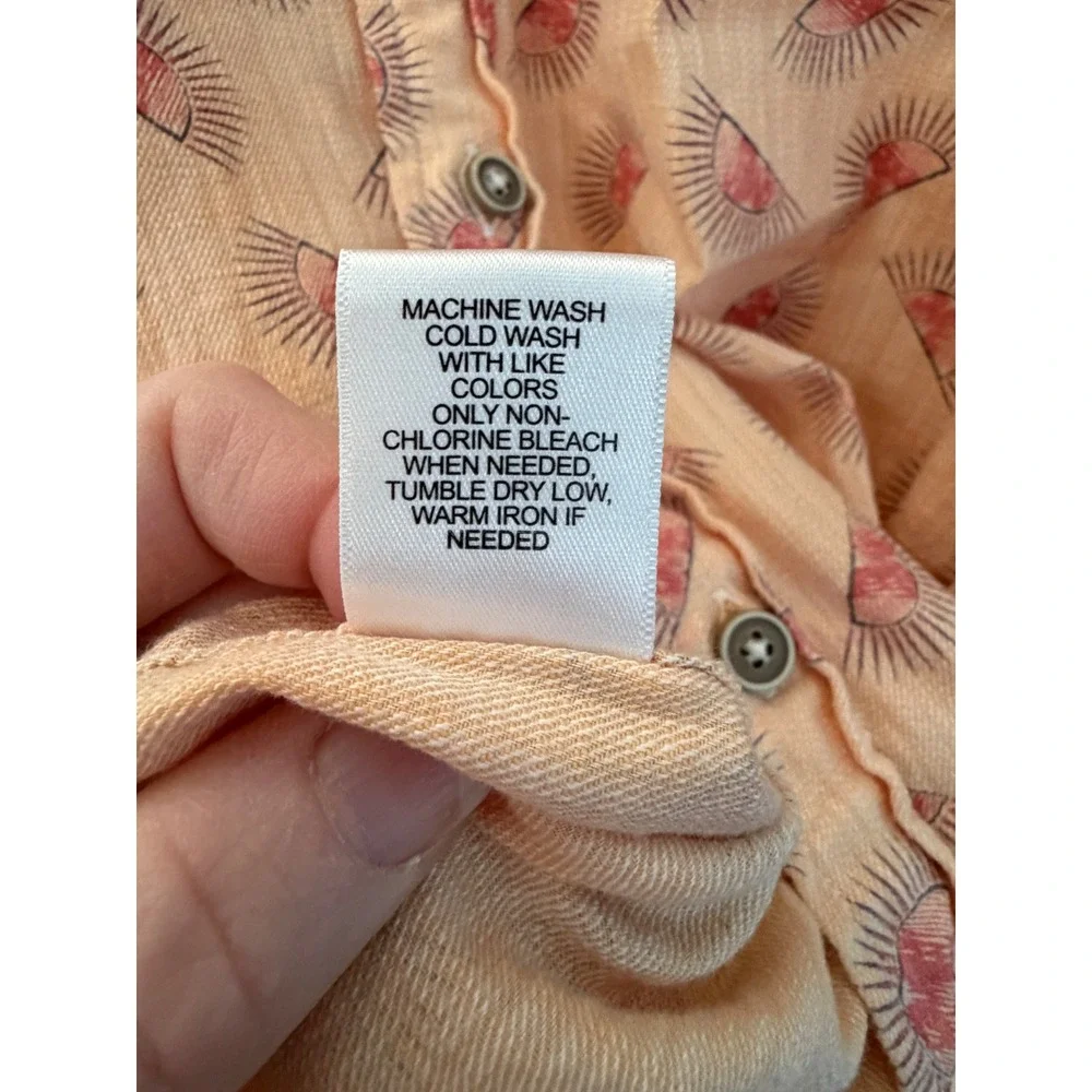 ROWM Mens XL Peach Rising Sun Print Short Sleeve Button Down Shirt Slub Texture